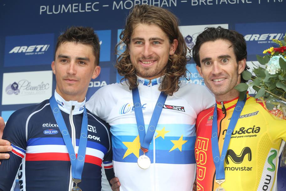 Il podio della gara in linea dei professionisti: Julian Alaphilippe (argento), Peter Sagan (oro), Dani Moreno (bronzo). Bettini